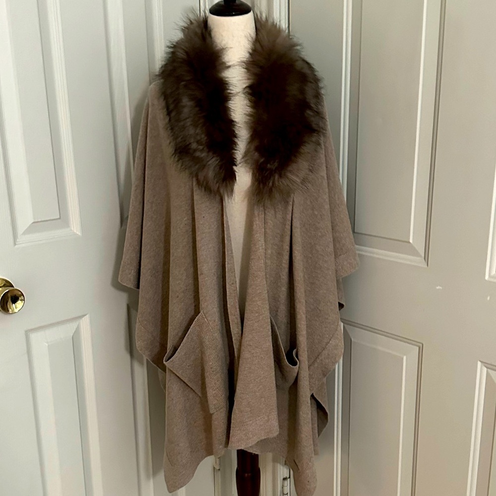 Ralph Lauren Taupe Poncho with Faux Fur Collar